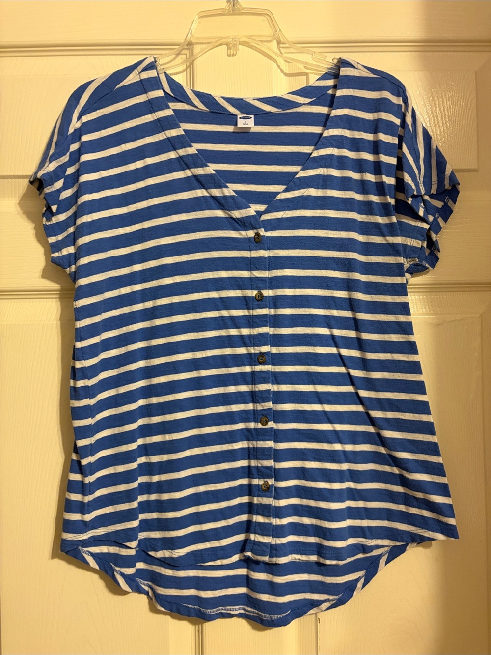 Old Navy Blue and White Striped Button-Front V-Neck Top